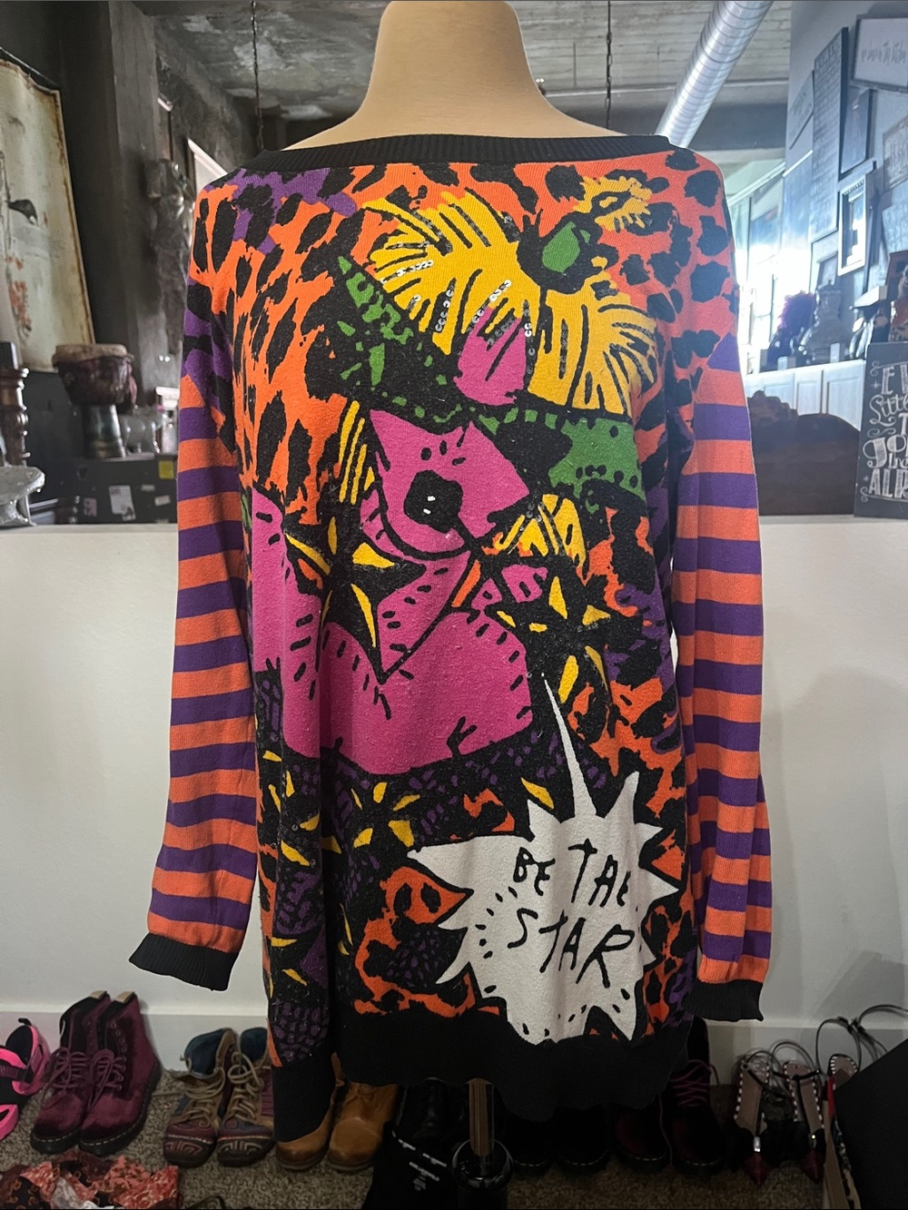 Betsey Johnson Orange Purple Pink Graphic Striped Sweater Great StageWear